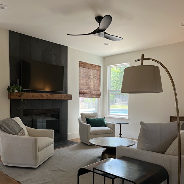 A living room with a round table